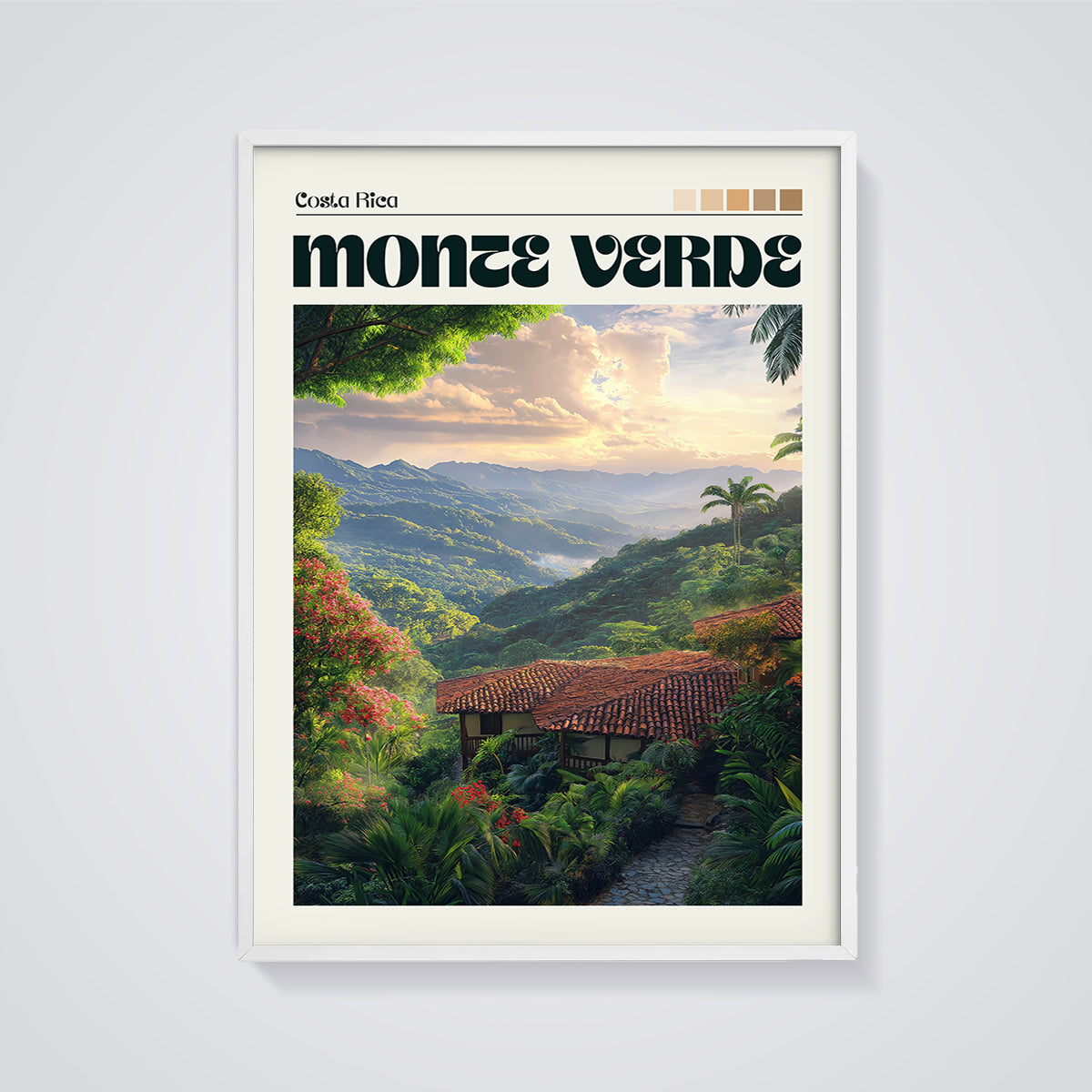 Monte Verde Cloud Forest Print framed in white on a grey background