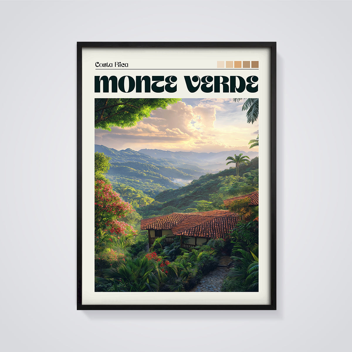 Monte Verde Cloud Forest Print framed in black on a grey background