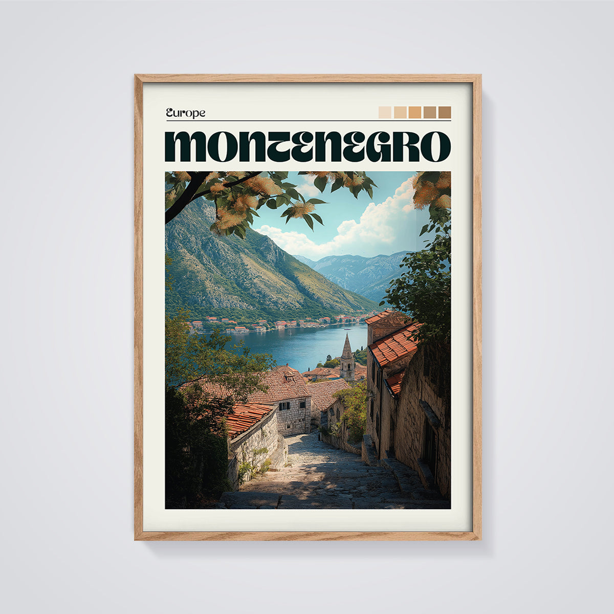Montenegro Bay View Print framed in oak on a grey background