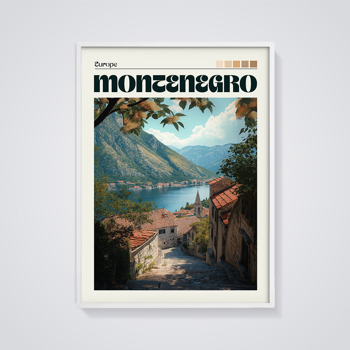 Montenegro Bay View Print framed in white on a grey background