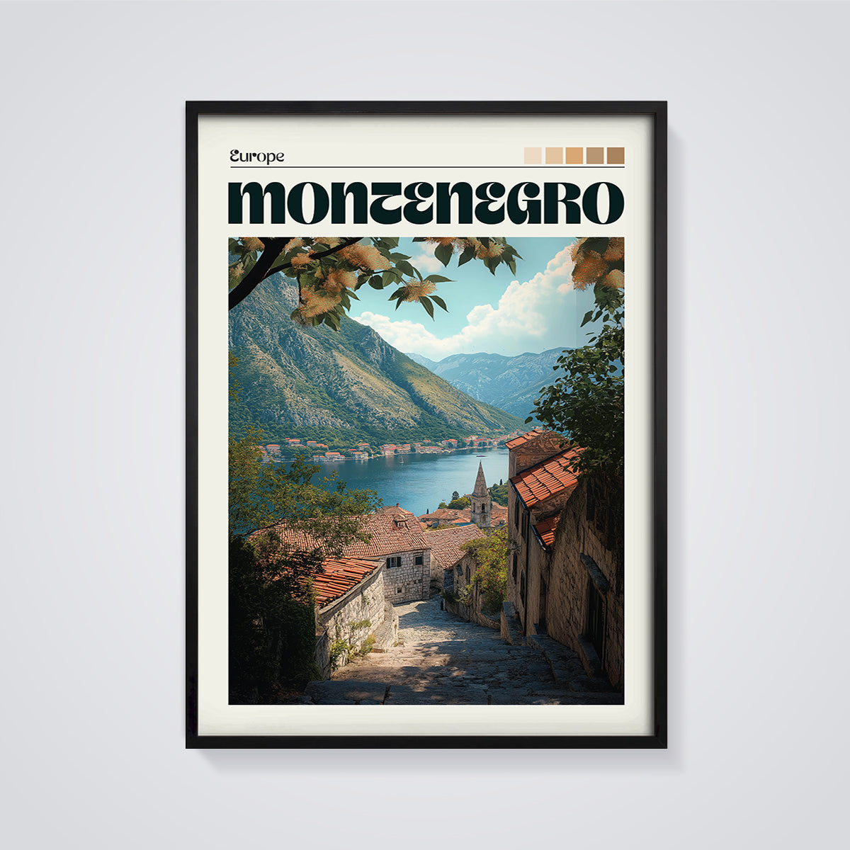 Montenegro Bay View Print framed in black on a grey background
