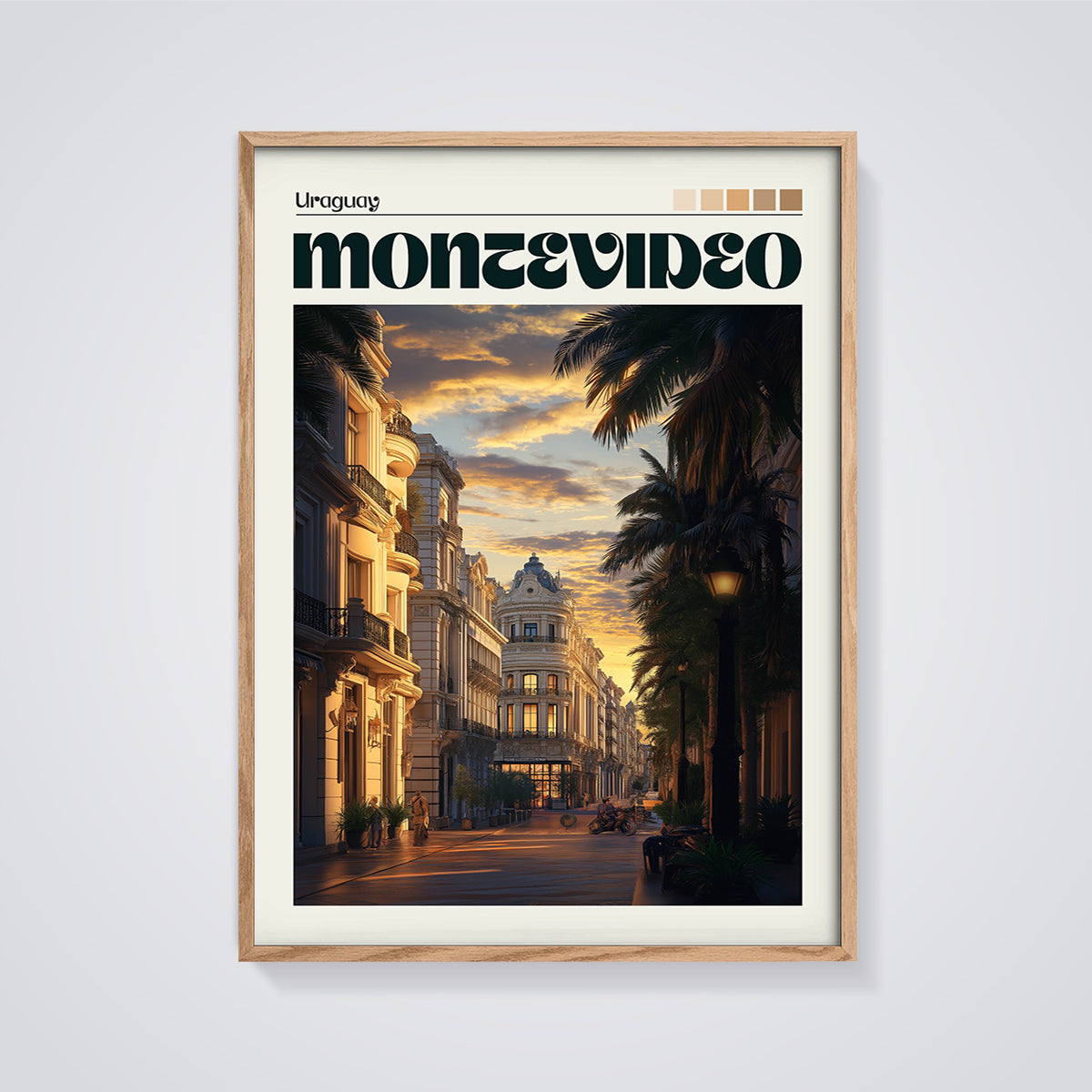 Montevideo Street Sunset Print framed in oak on a grey background