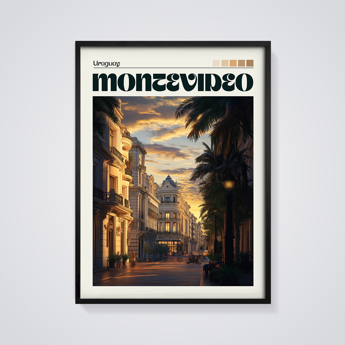 Montevideo Street Sunset Print framed in black on a grey background