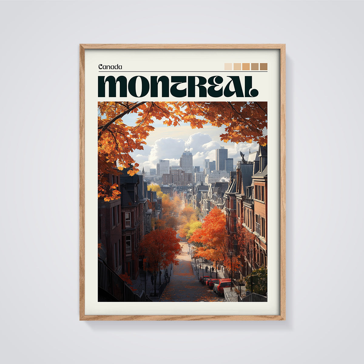 Montreal Autumn Street Print framed in oak on a grey background