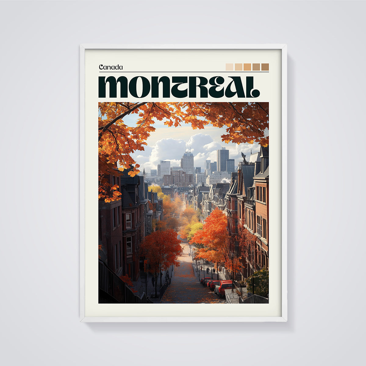 Montreal Autumn Street Print framed in white on a grey background