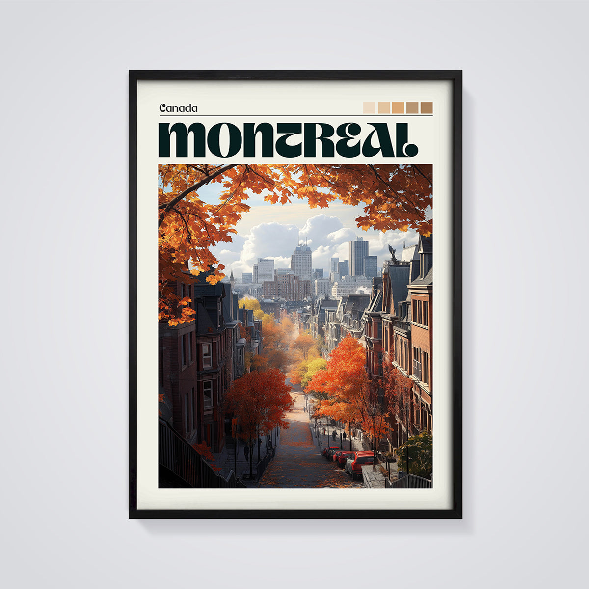 Montreal Autumn Street Print framed in black on a grey background