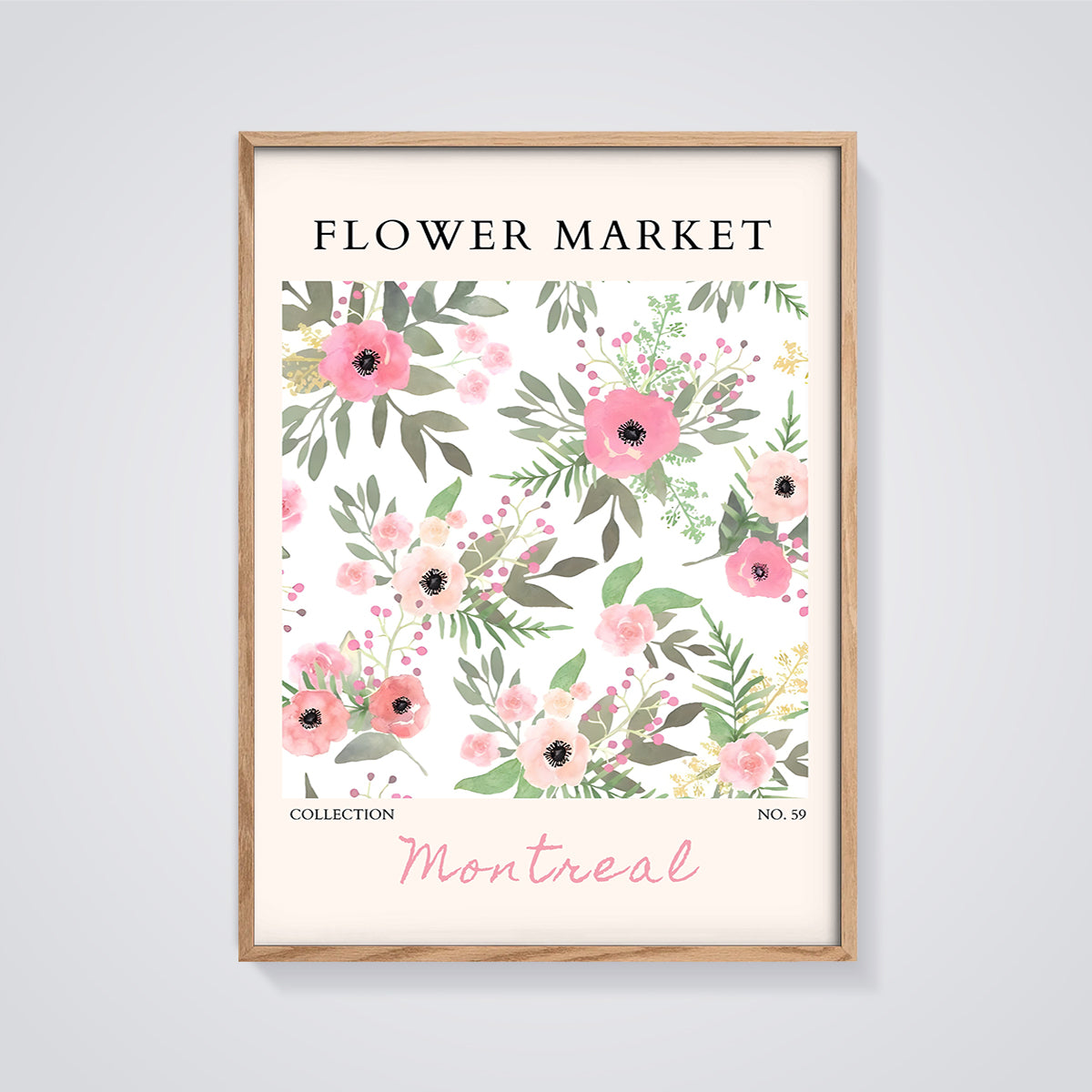 Montreal Flower Market Floral Print framed in oak on a grey background