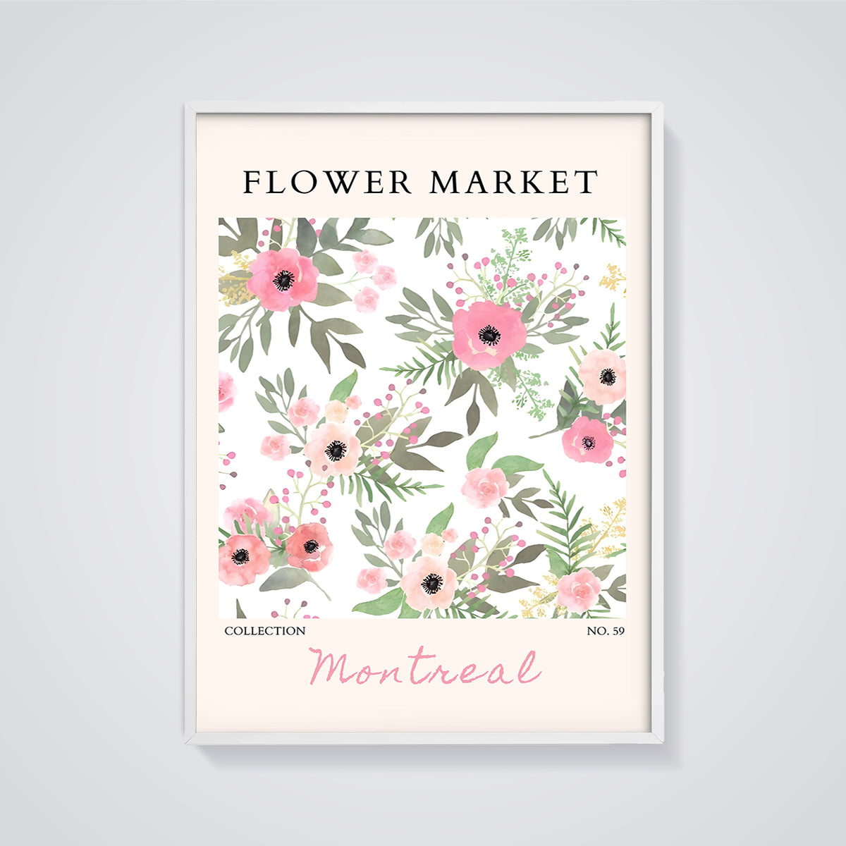 Montreal Flower Market Floral Print framed in white on a grey background