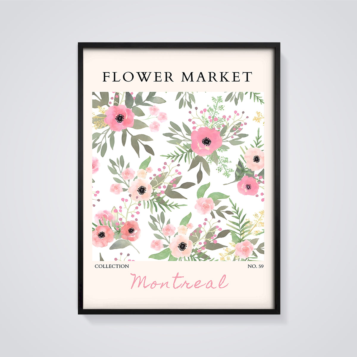 Montreal Flower Market Floral Print framed in black on a grey background