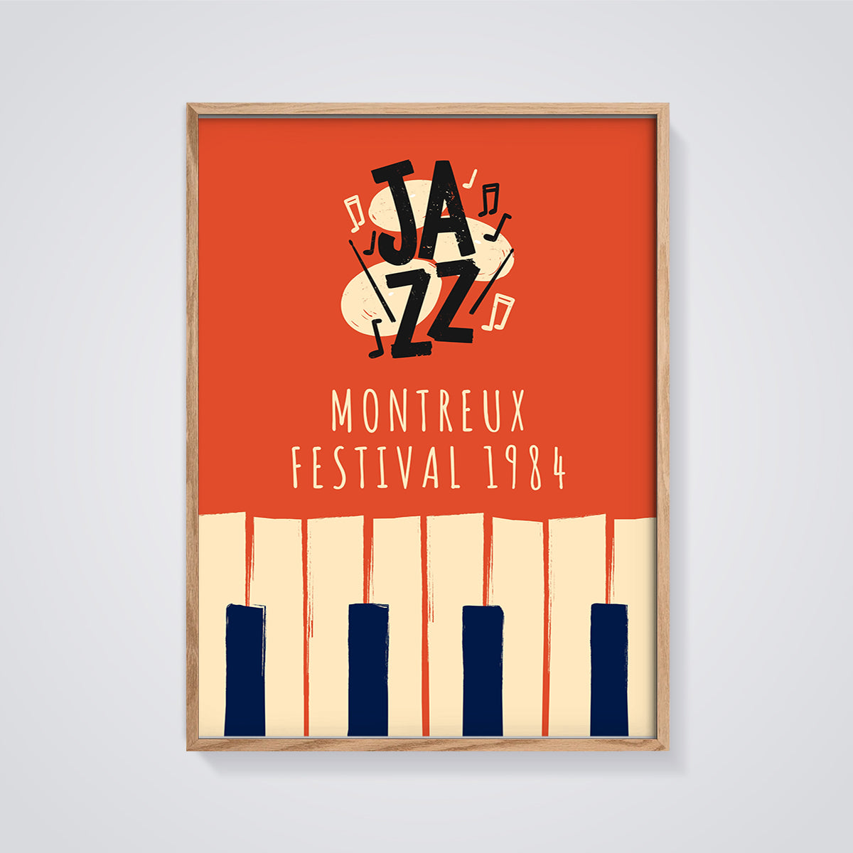 Montreux Jazz Festival 1984 Jazz Poster Print framed in oak on a grey background
