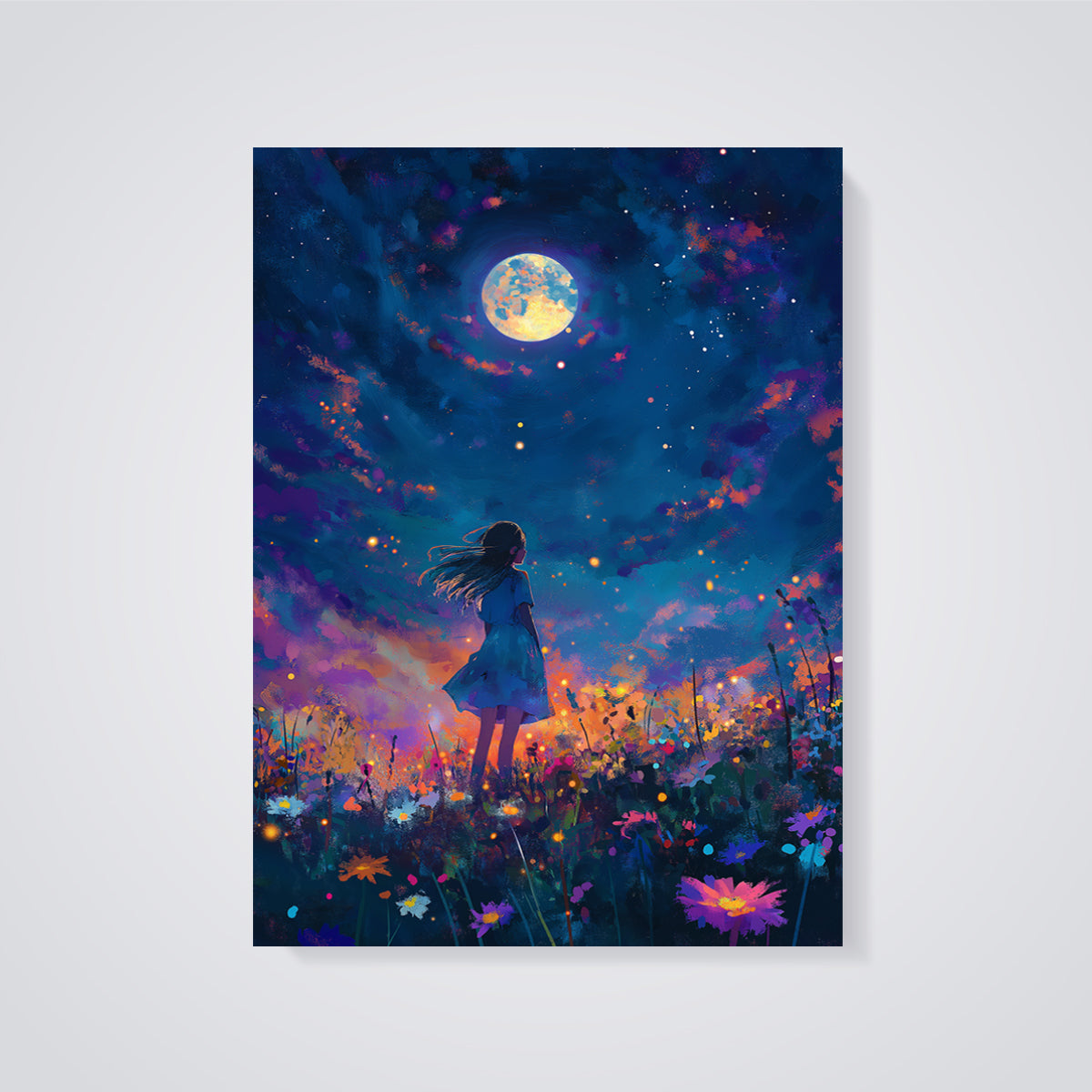 Moonlit Dreamscape Girl Print unframed on a grey background