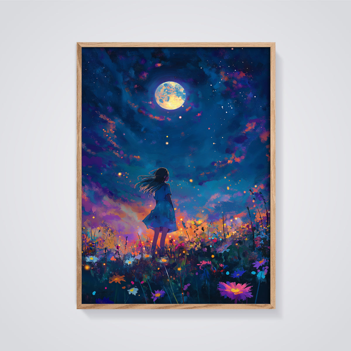 Moonlit Dreamscape Girl Print framed in oak on a grey background
