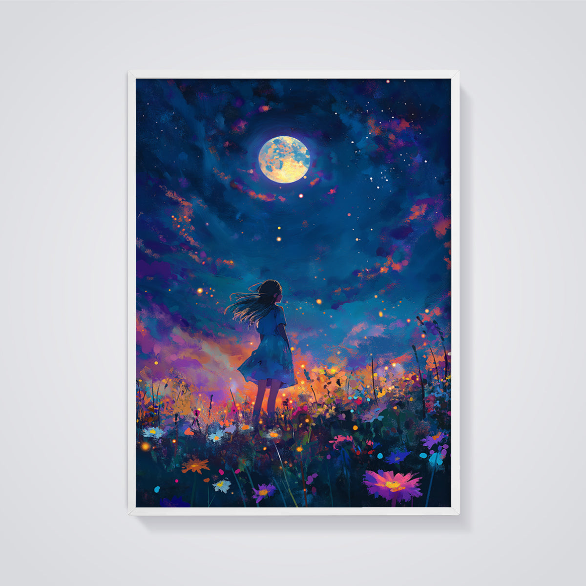 Moonlit Dreamscape Girl Print framed in white on a grey background
