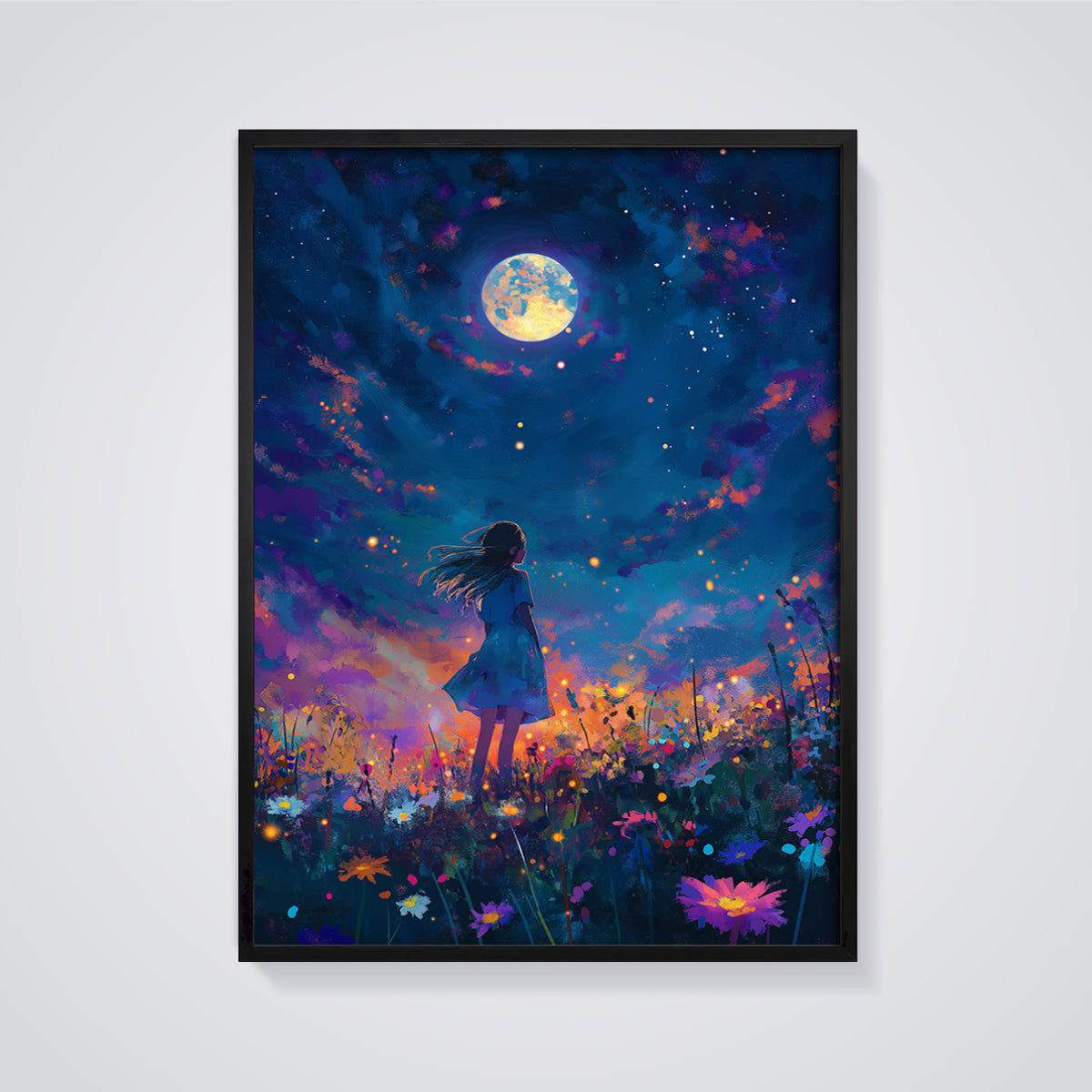 Moonlit Dreamscape Girl Print framed in black on a grey background