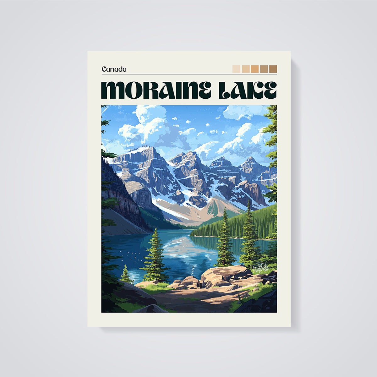 Moraine Lake Canada Travel Print unframed on a grey background