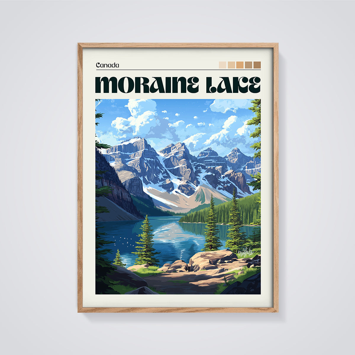 Moraine Lake Canada Travel Print framed in oak on a grey background