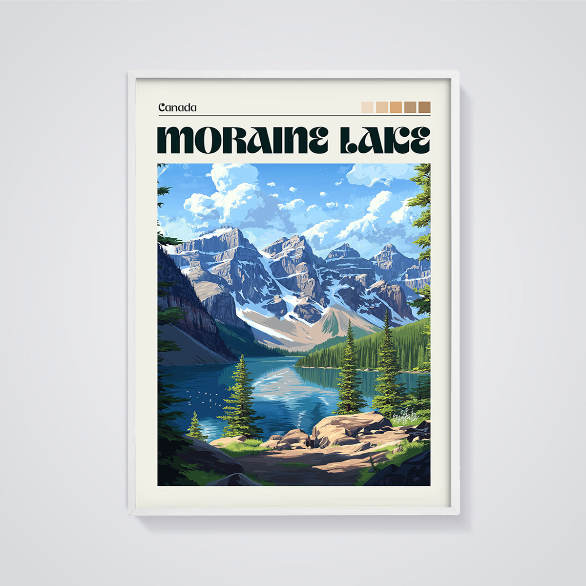 Moraine Lake Canada Travel Print framed in white on a grey background