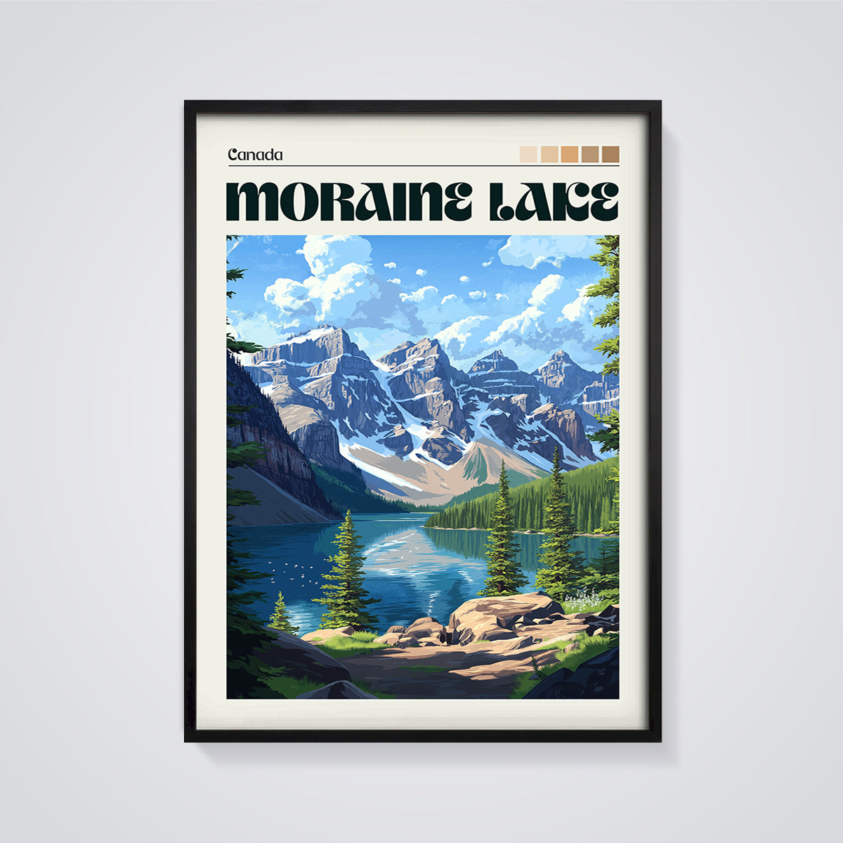 Moraine Lake Canada Travel Print framed in black on a grey background