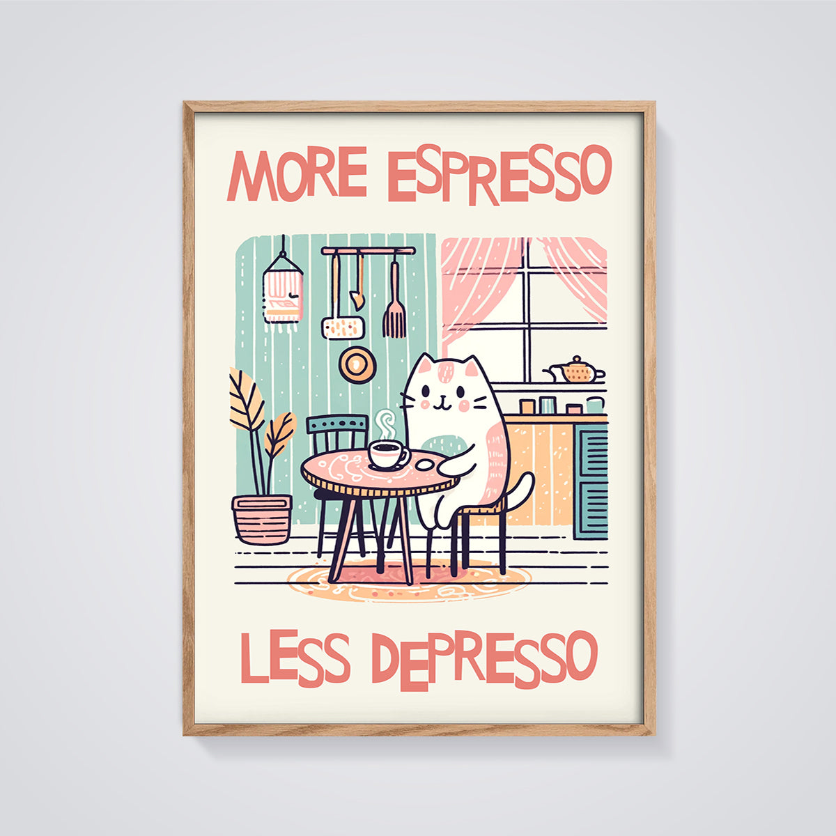 More Espresso Less Depresso Cat Print framed in oak on a grey background