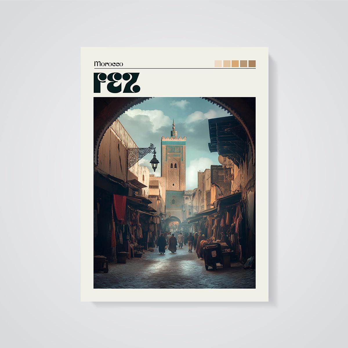 Morocco Fez Souk Minaret Print unframed on a grey background