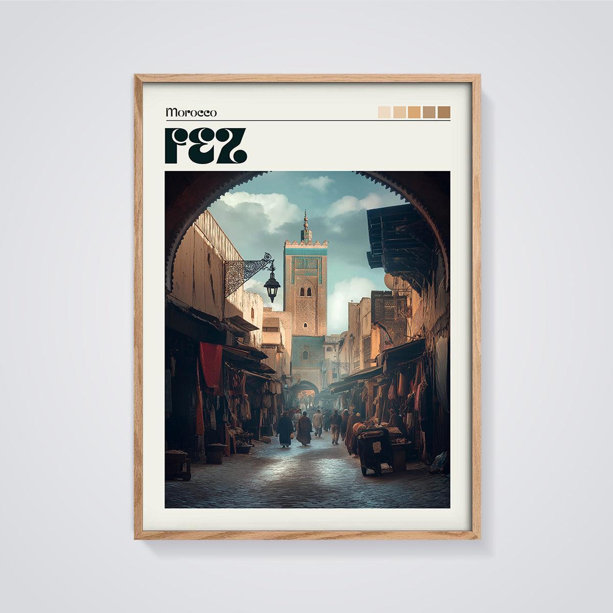 Morocco Fez Souk Minaret Print framed in oak on a grey background