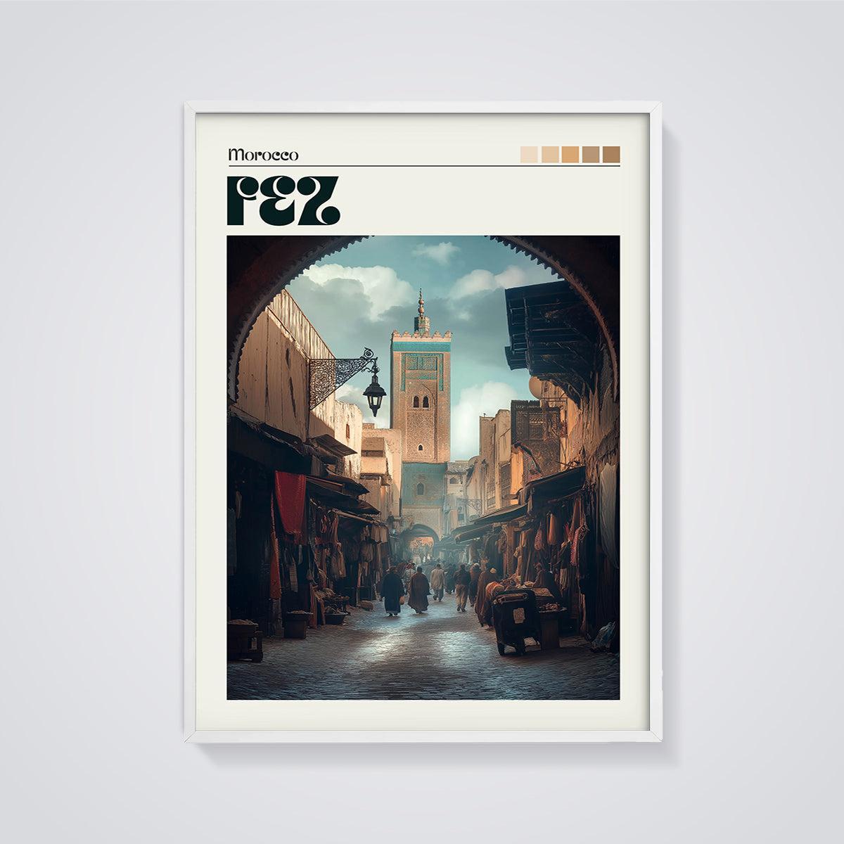 Morocco Fez Souk Minaret Print framed in white on a grey background
