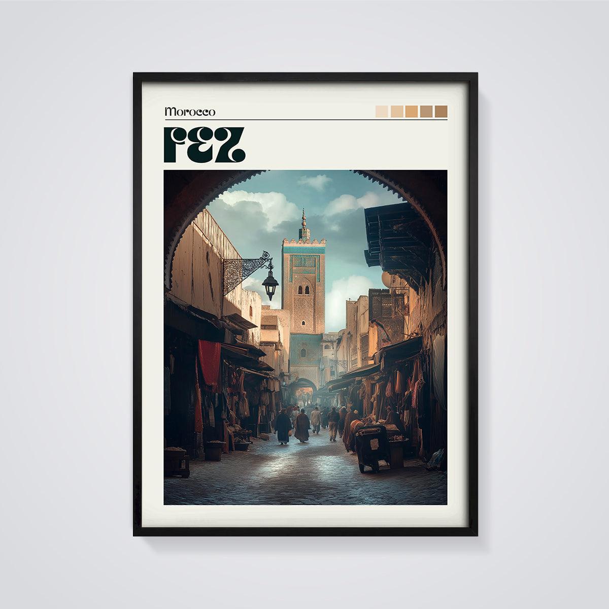 Morocco Fez Souk Minaret Print framed in black on a grey background