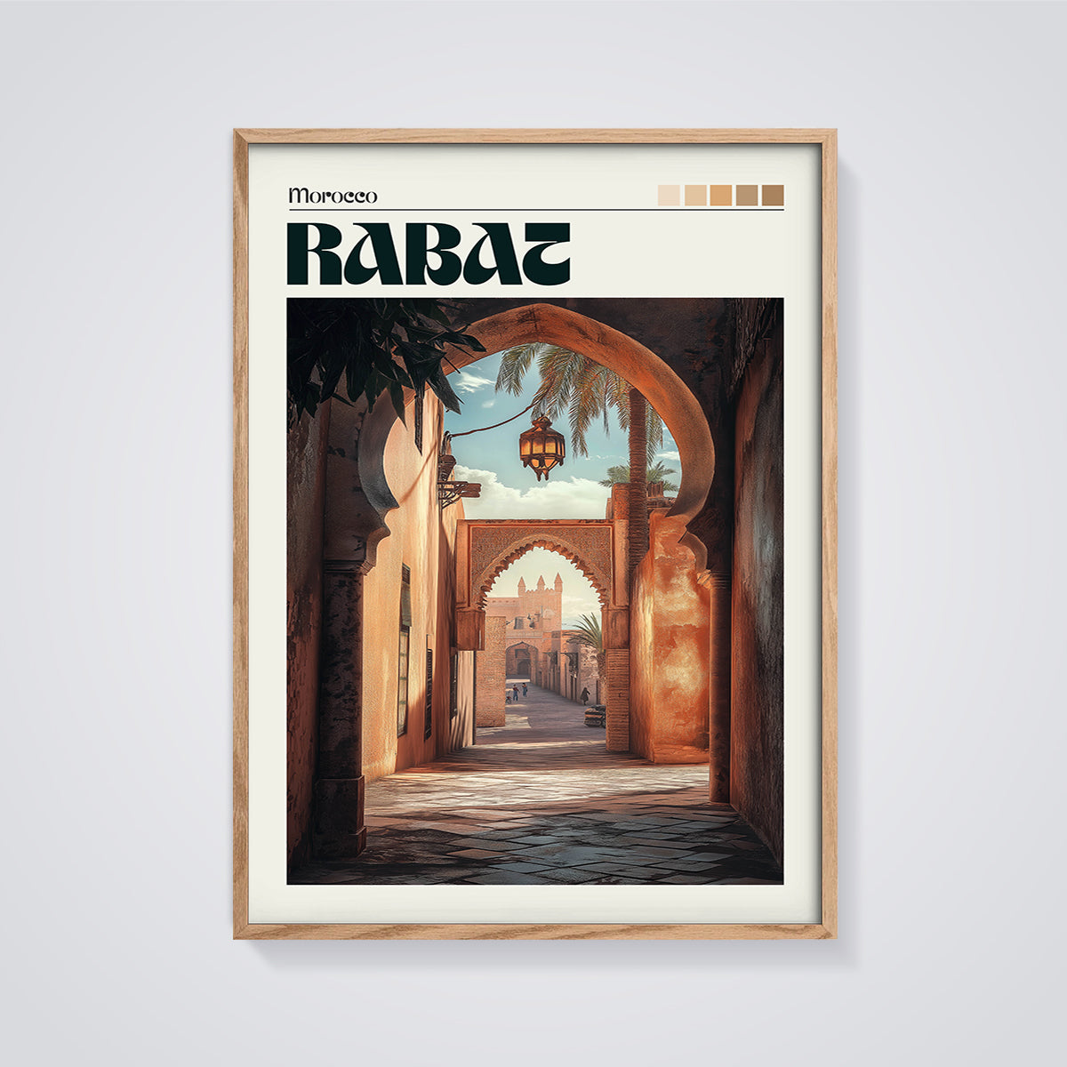 Morocco Rabat Archway Print framed in oak on a grey background