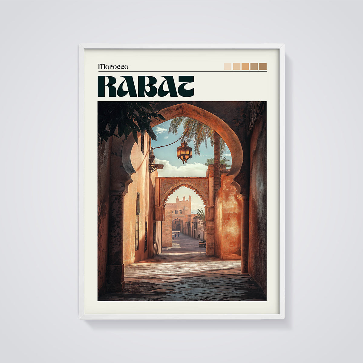 Morocco Rabat Archway Print framed in white on a grey background