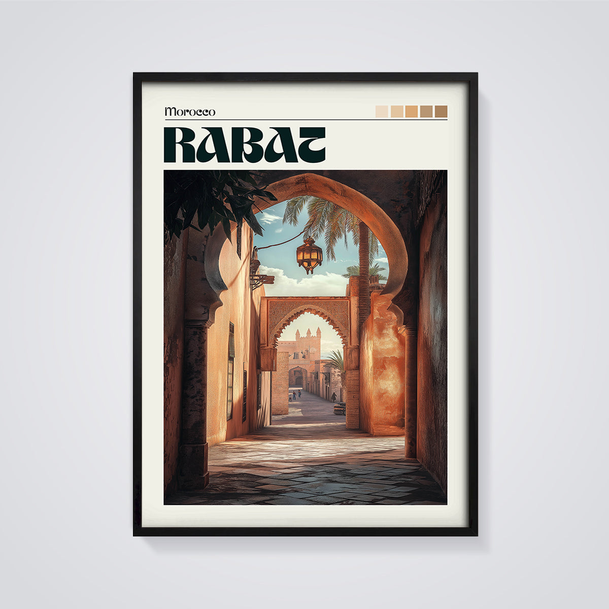 Morocco Rabat Archway Print framed in black on a grey background