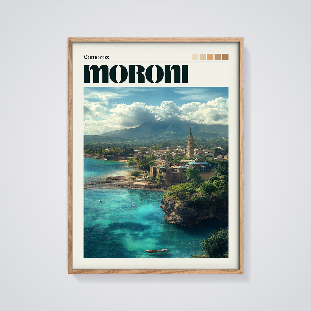 Moroni Comoros Coastal Print framed in oak on a grey background