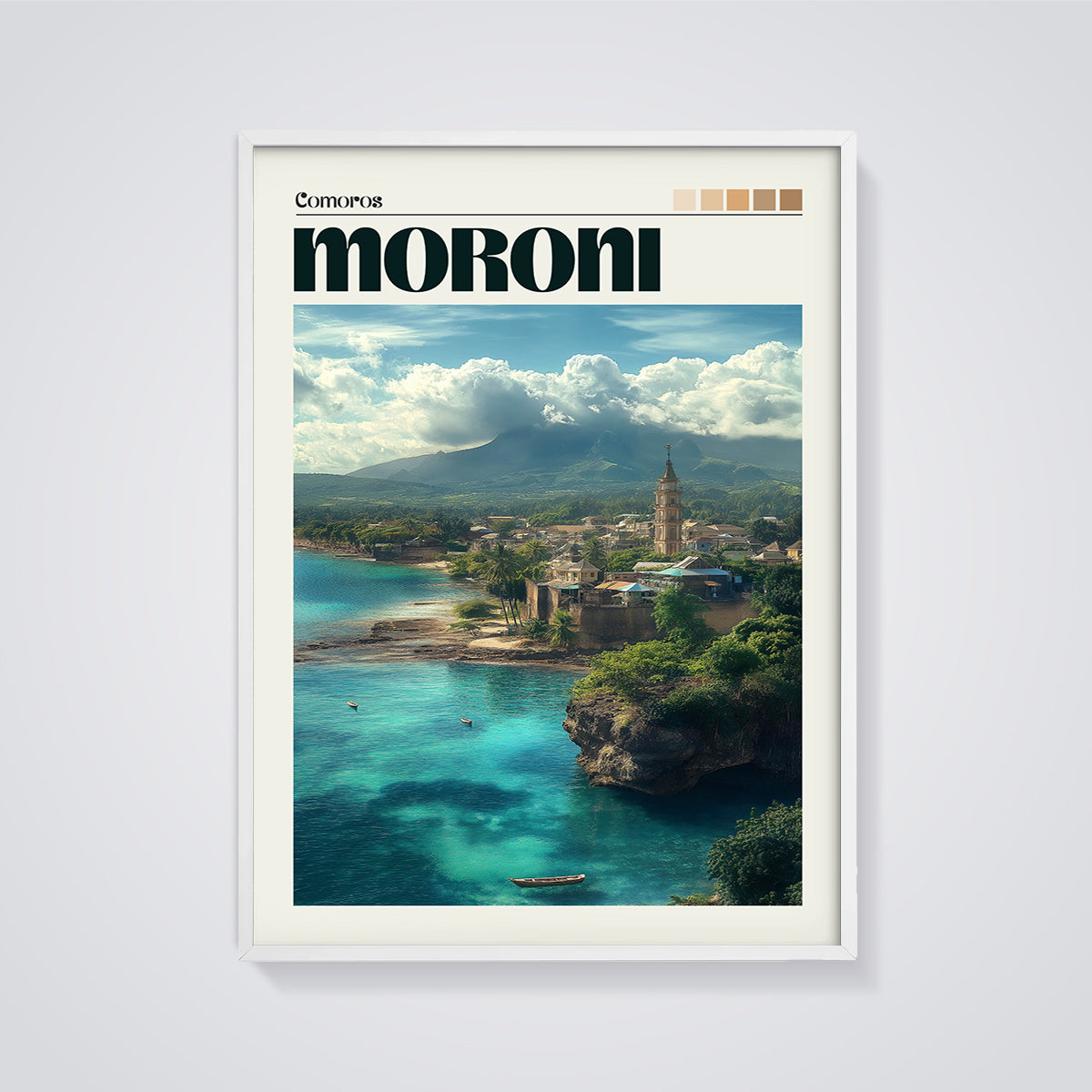 Moroni Comoros Coastal Print framed in white on a grey background