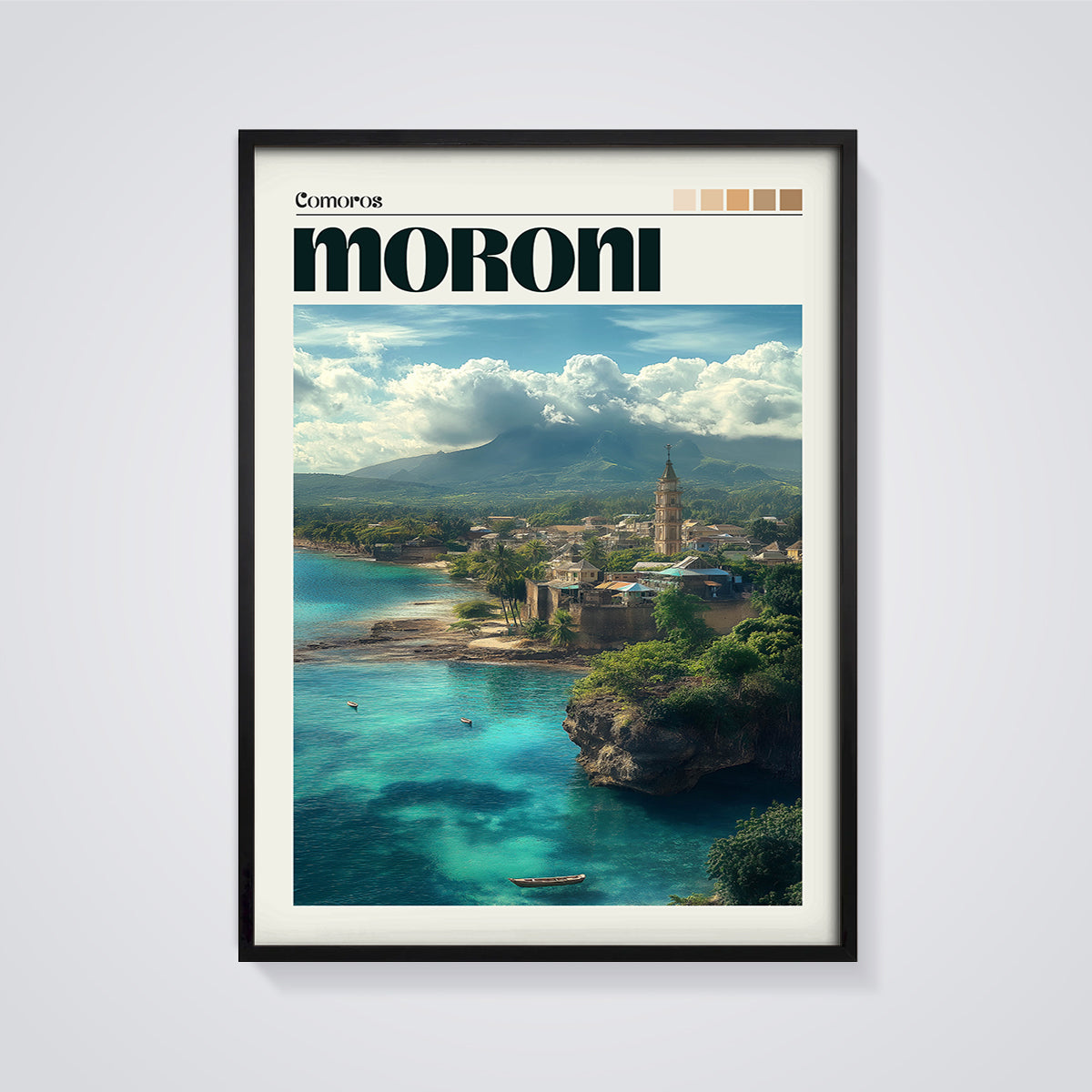 Moroni Comoros Coastal Print framed in black on a grey background