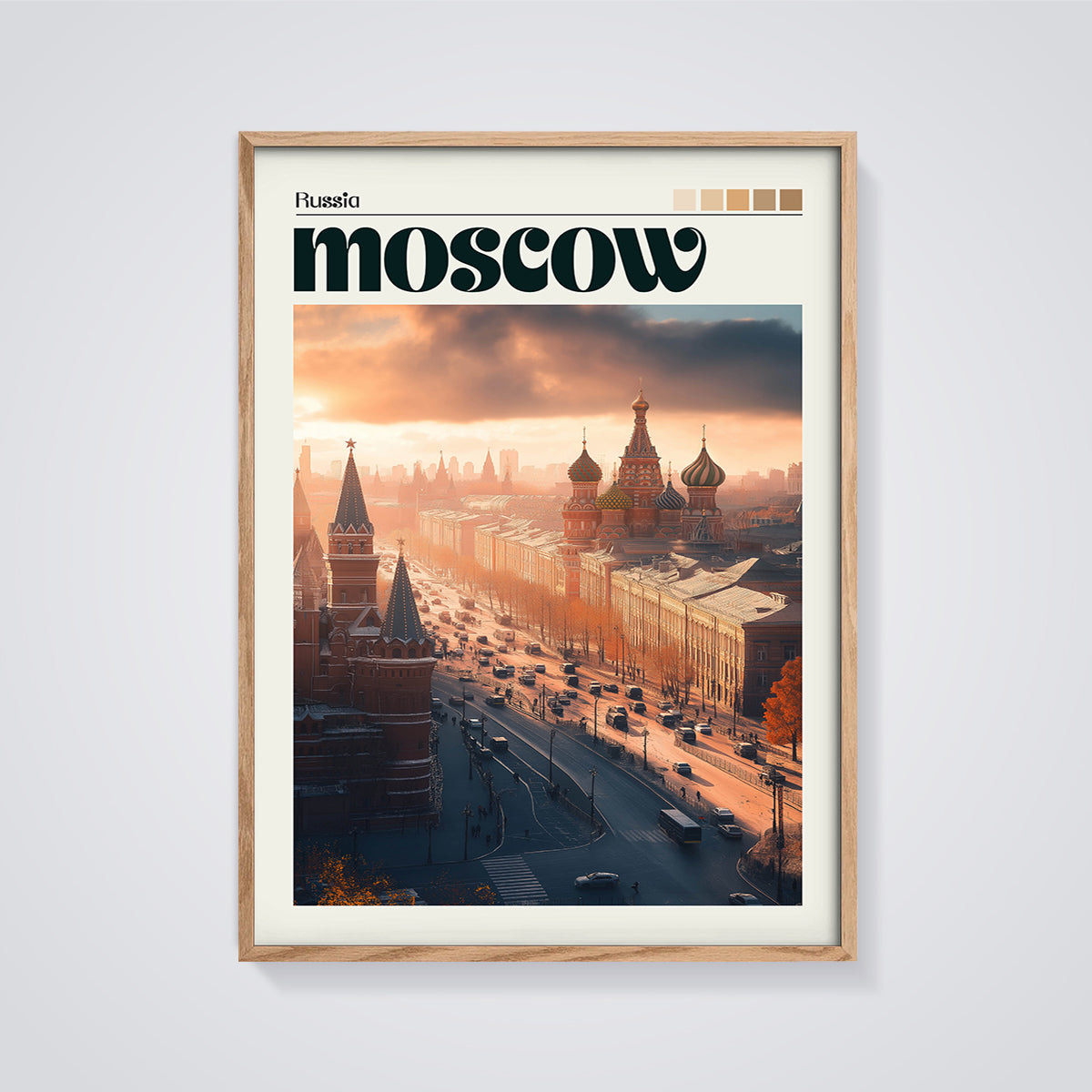 Moscow Sunset City Print framed in oak on a grey background