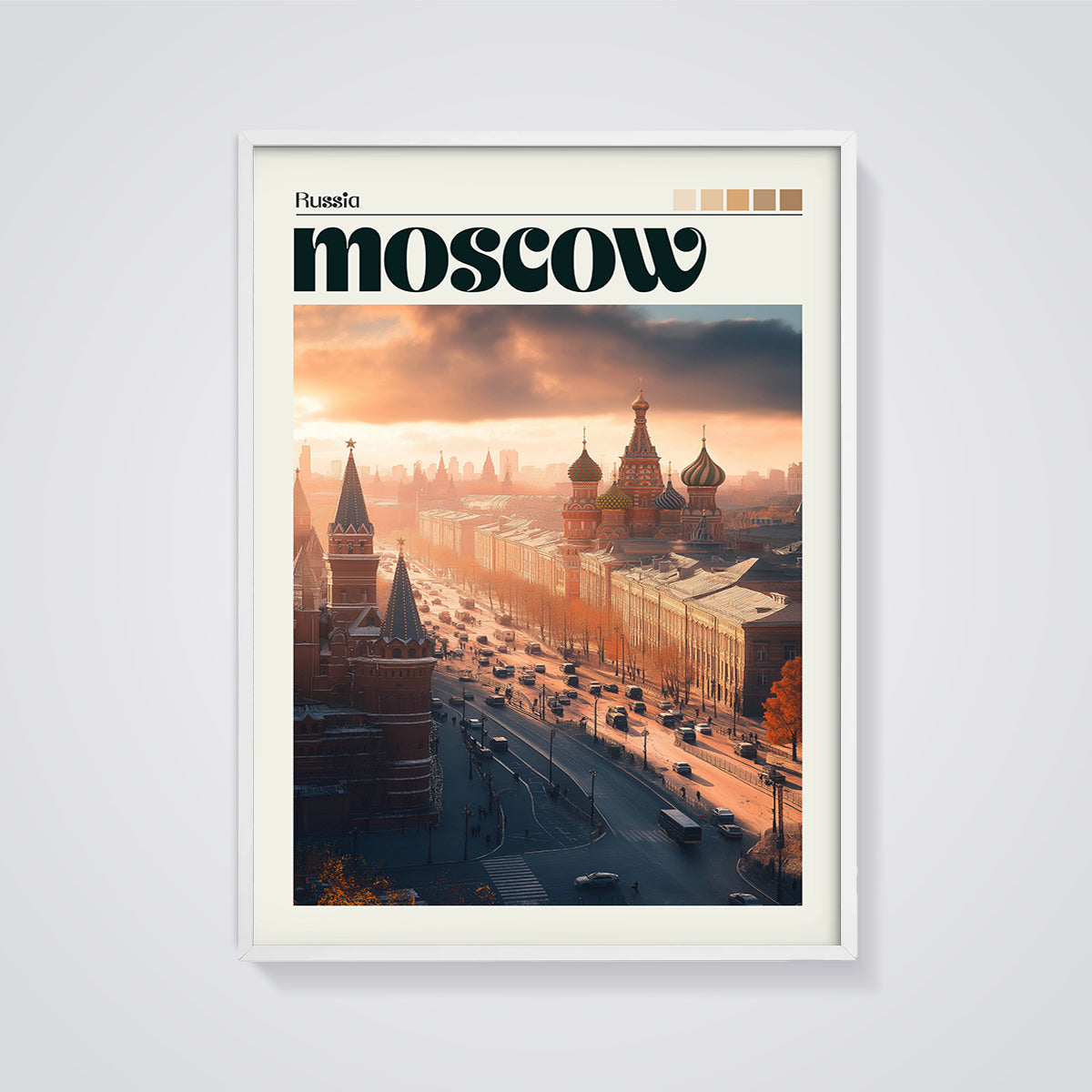 Moscow Sunset City Print framed in white on a grey background