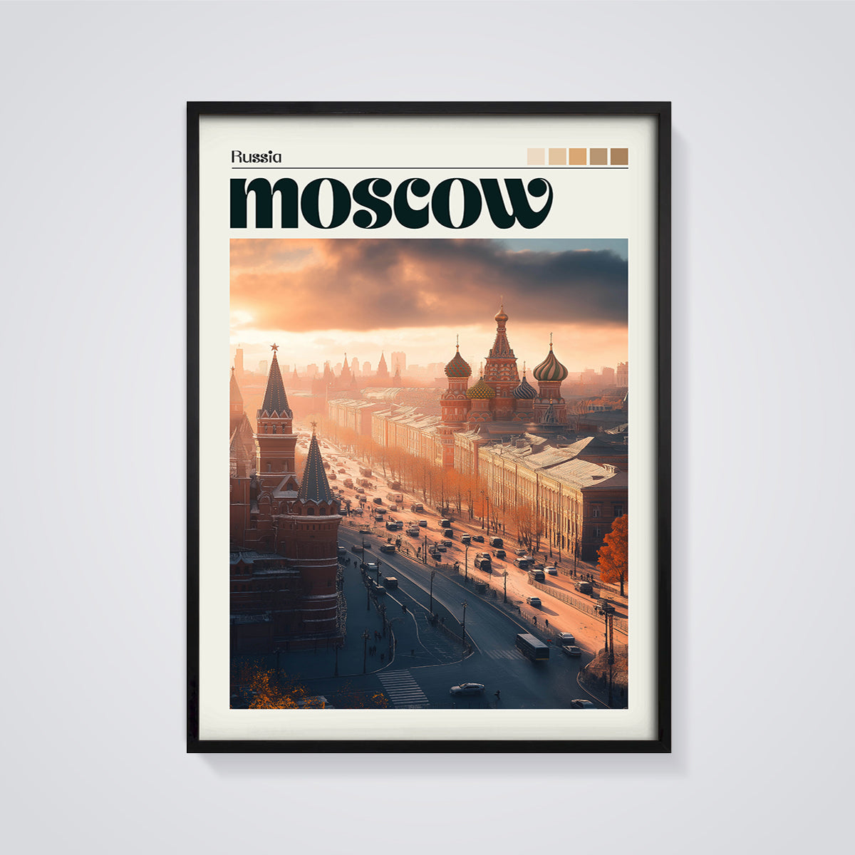 Moscow Sunset City Print framed in black on a grey background