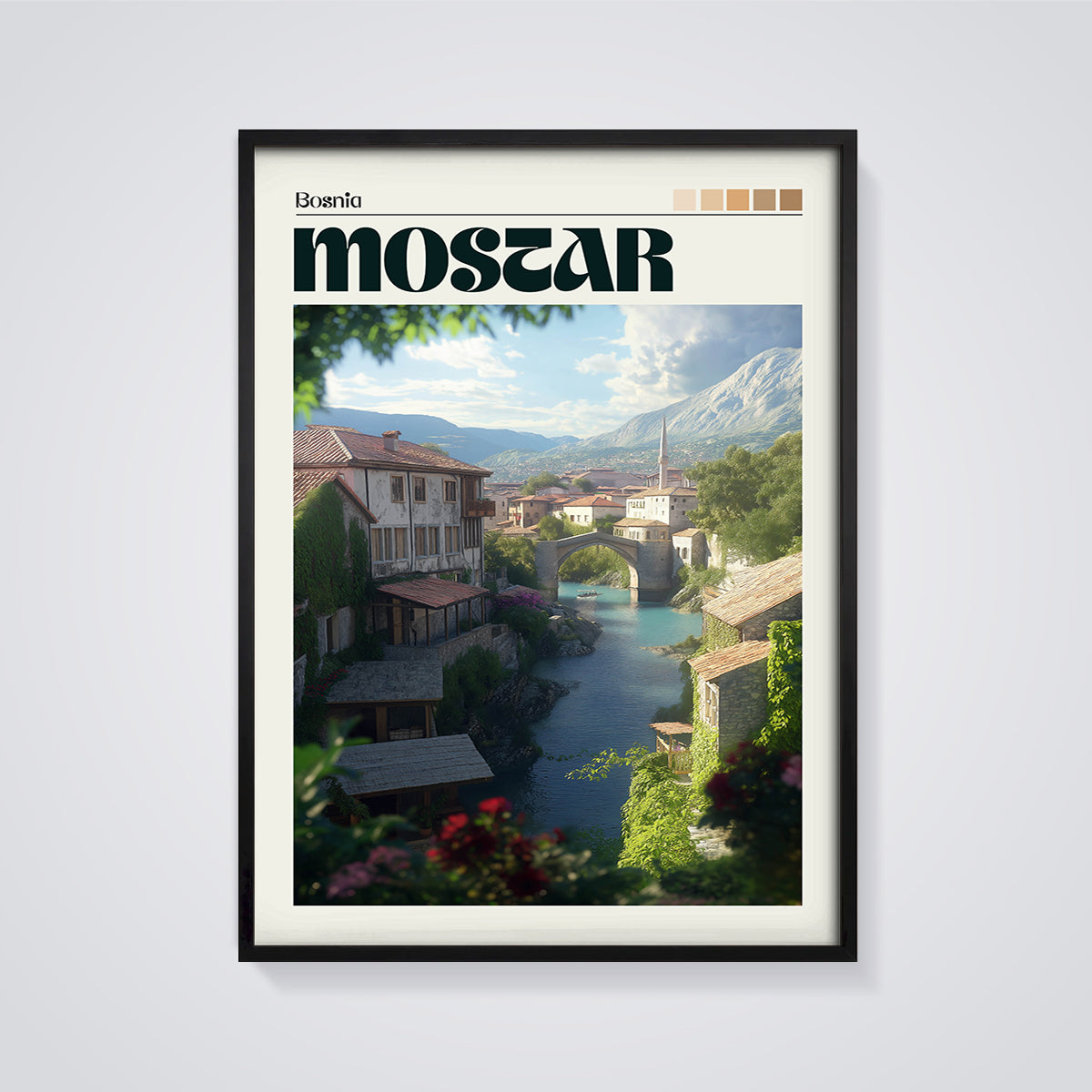 Mostar, Bosnia Cityscape Print framed in black on a grey background