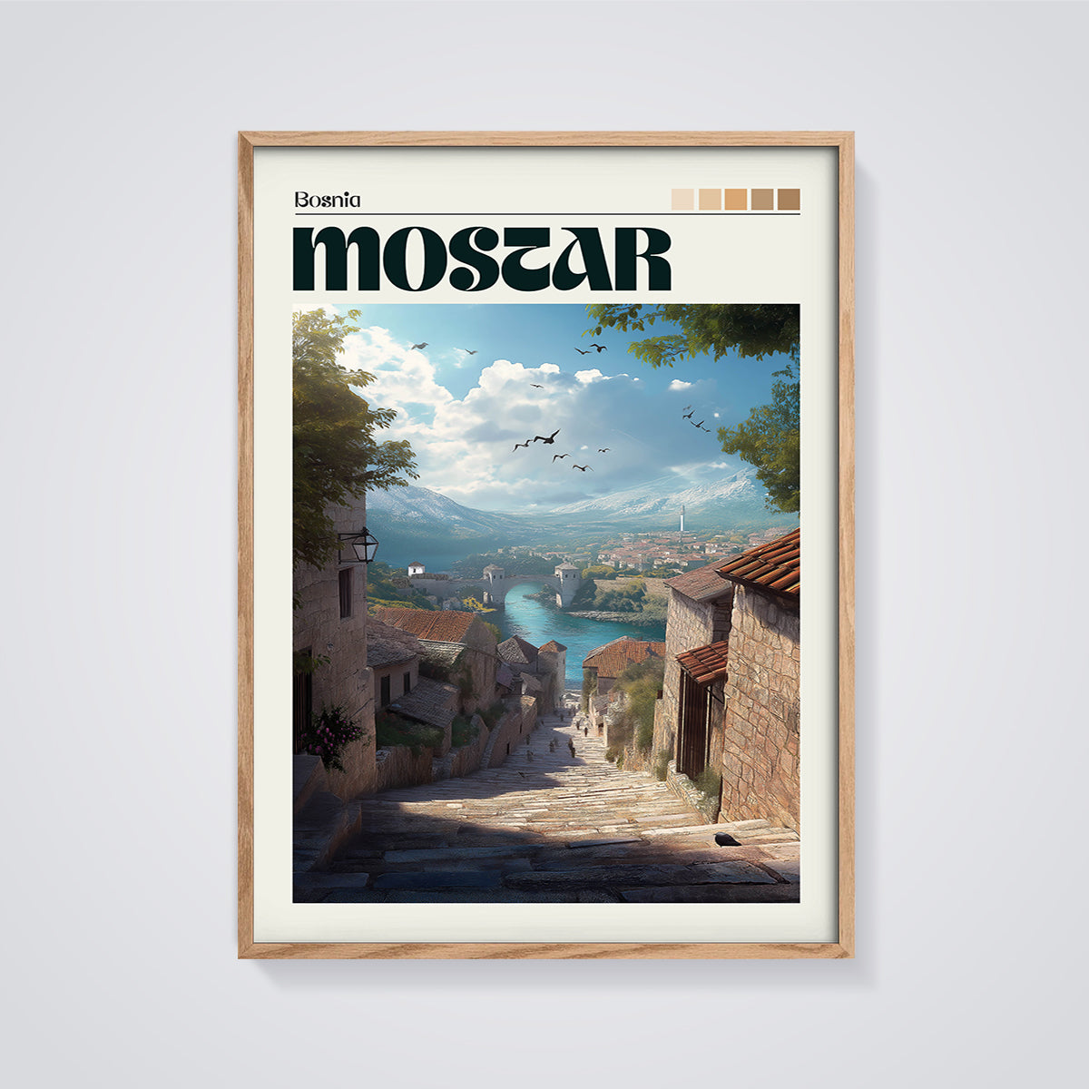 Mostar Bosnia Old Bridge Print framed in oak on a grey background