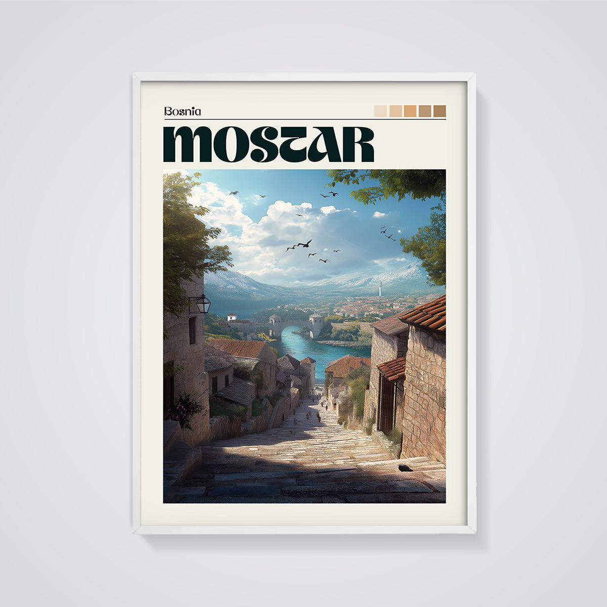 Mostar Bosnia Old Bridge Print framed in white on a grey background