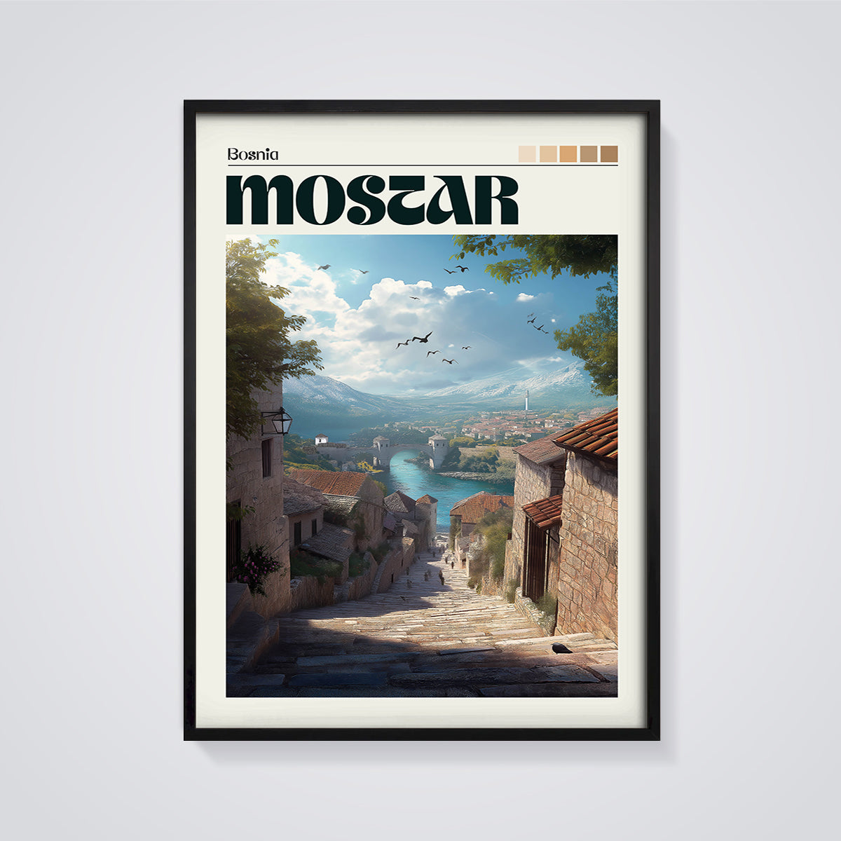 Mostar Bosnia Old Bridge Print framed in black on a grey background