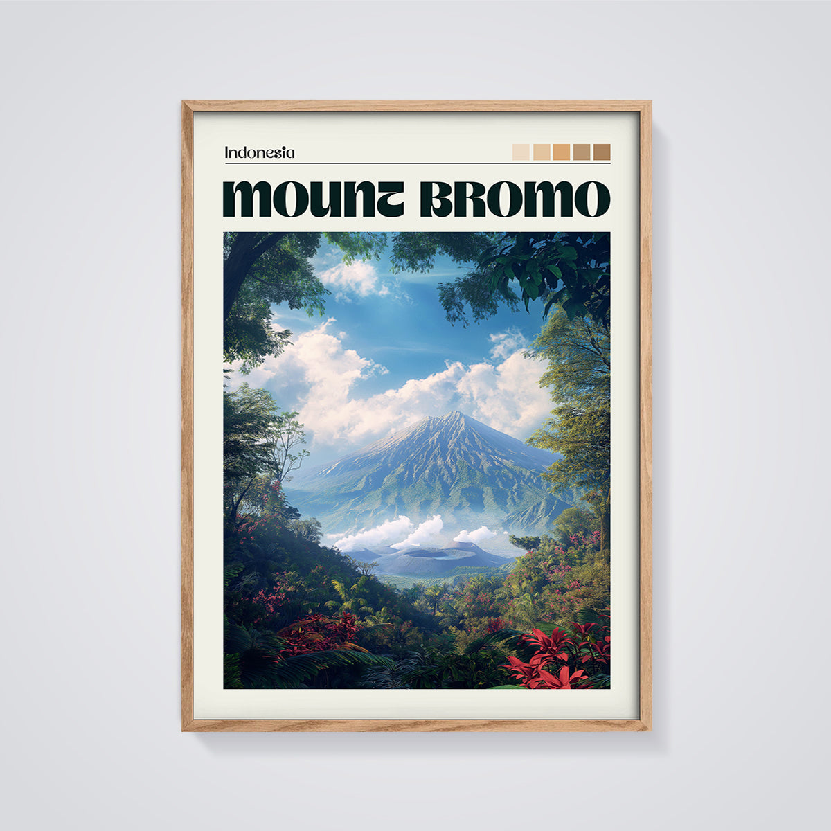 Mount Bromo Indonesia Print framed in oak on a grey background
