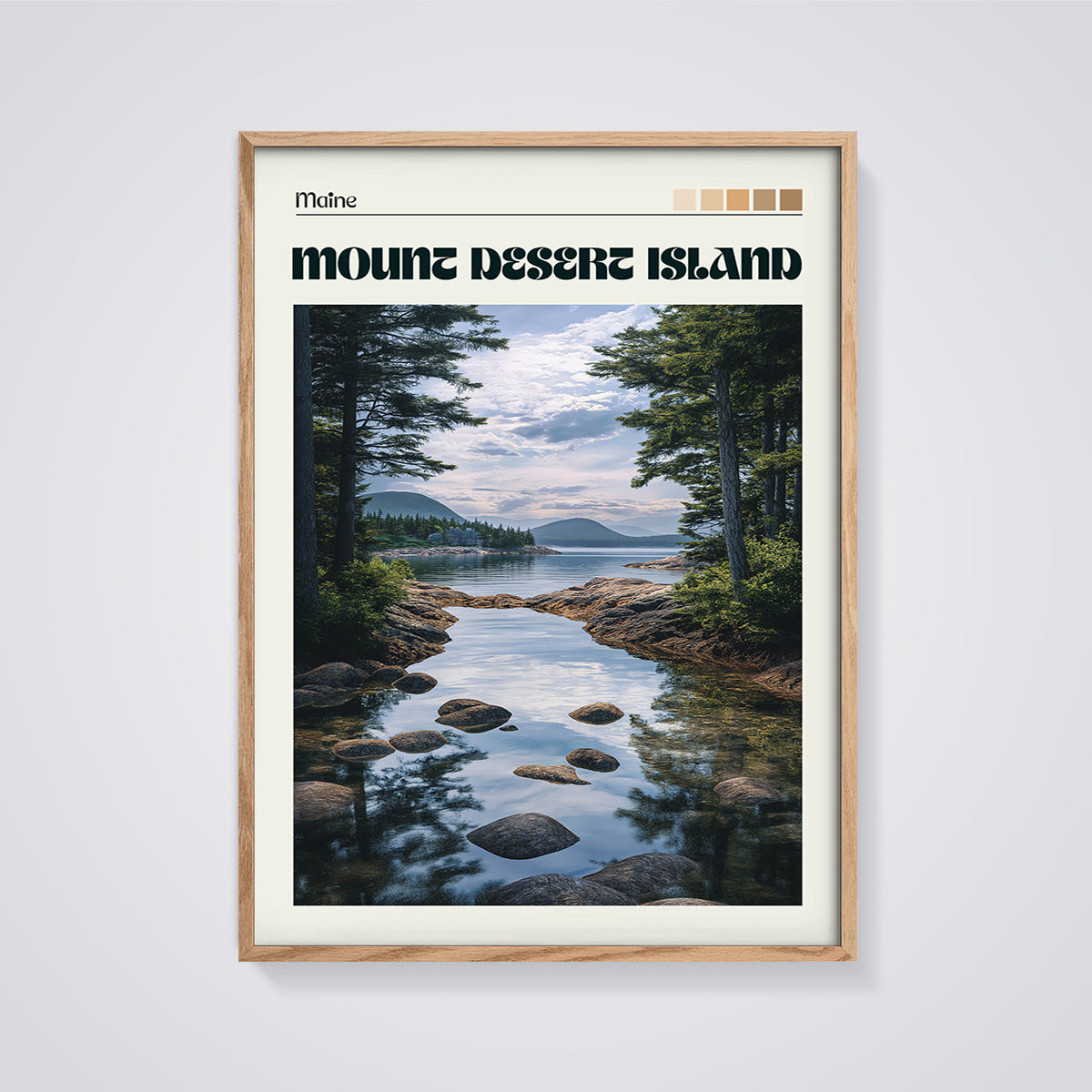 Mount Desert Island Maine Landscape Print framed in oak on a grey background