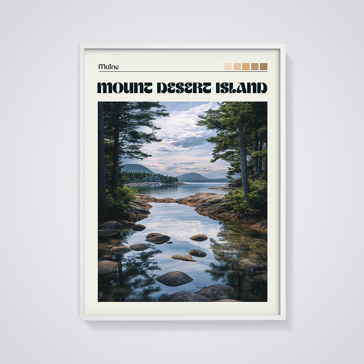 Mount Desert Island Maine Landscape Print framed in white on a grey background