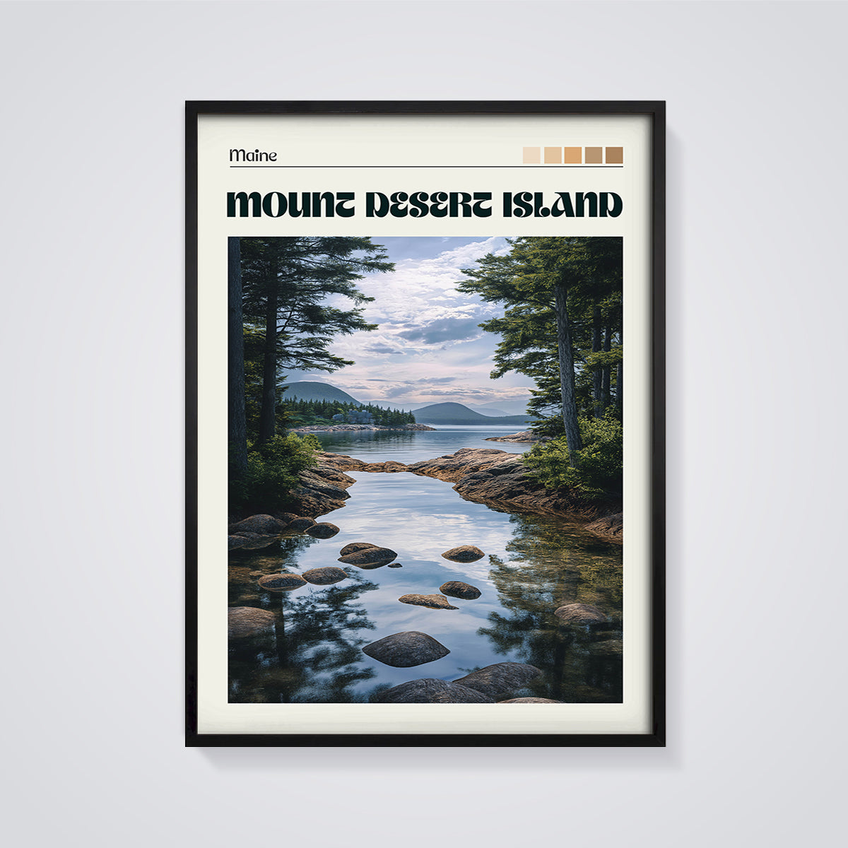 Mount Desert Island Maine Landscape Print framed in black on a grey background