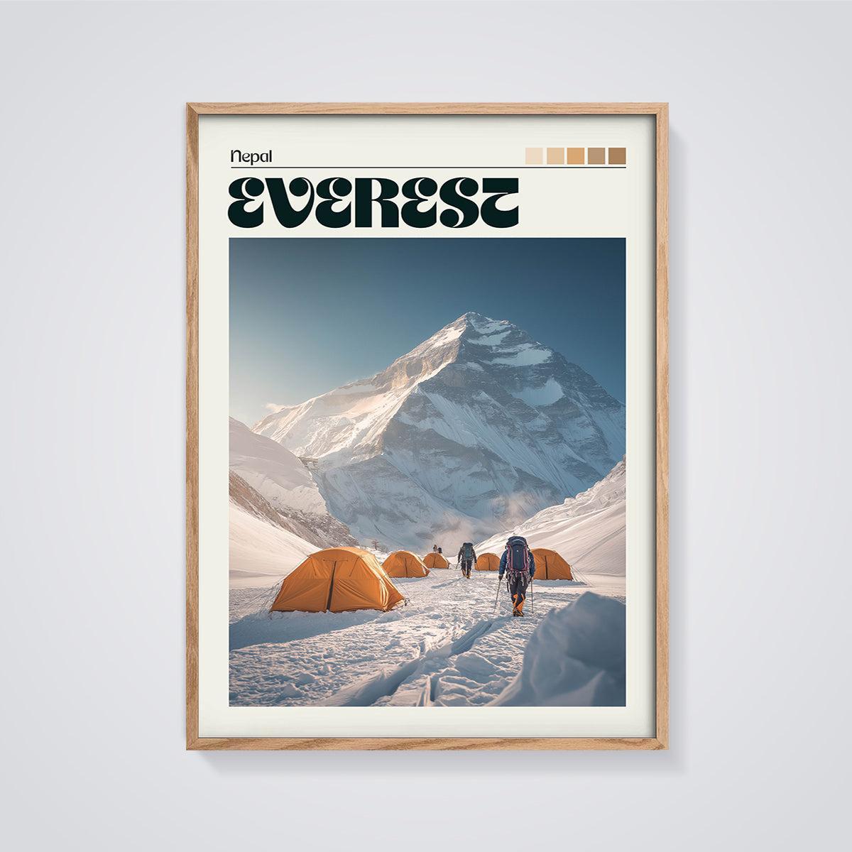 Mount Everest Expedition Print framed in oak on a grey background