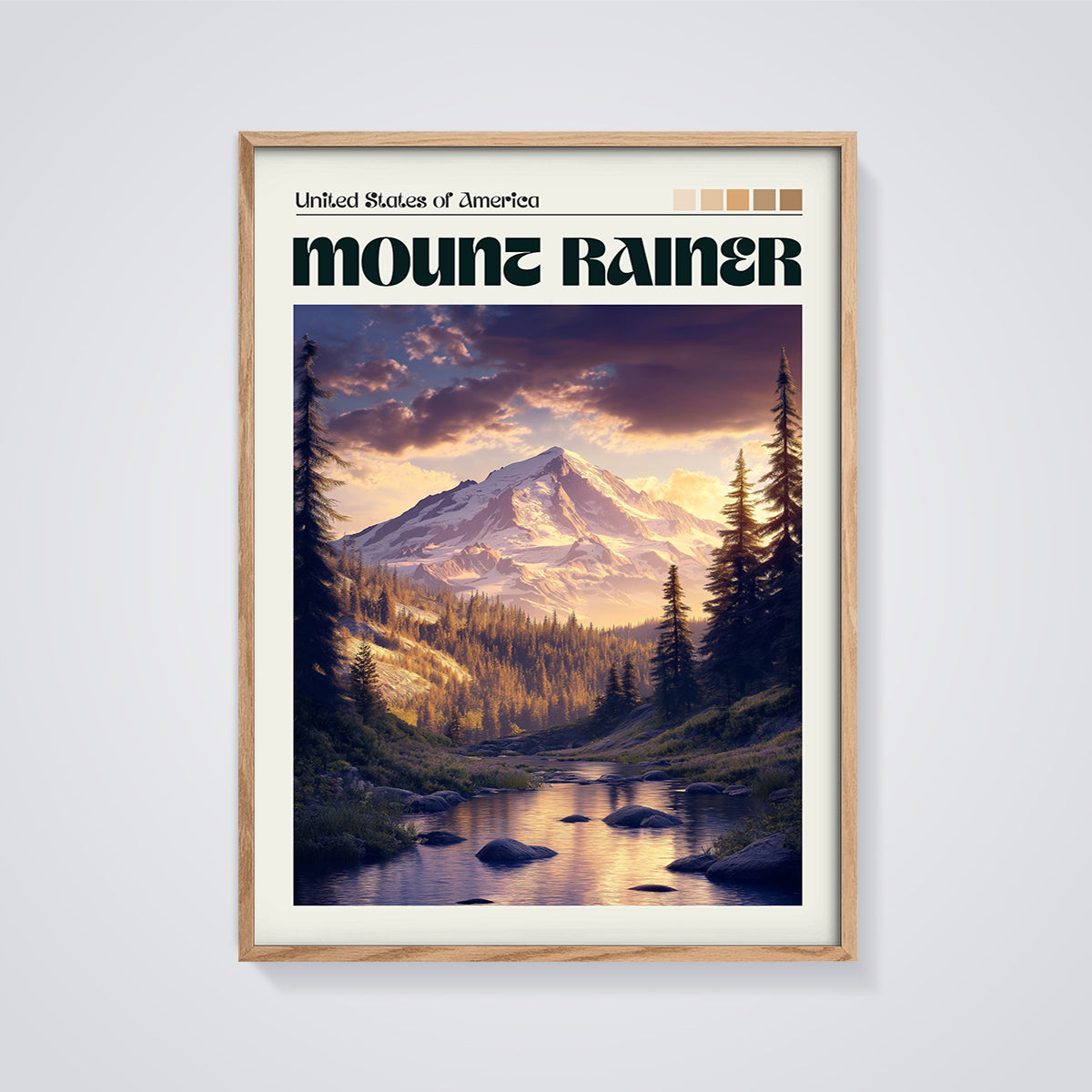 Mount Rainier National Park Print framed in oak on a grey background