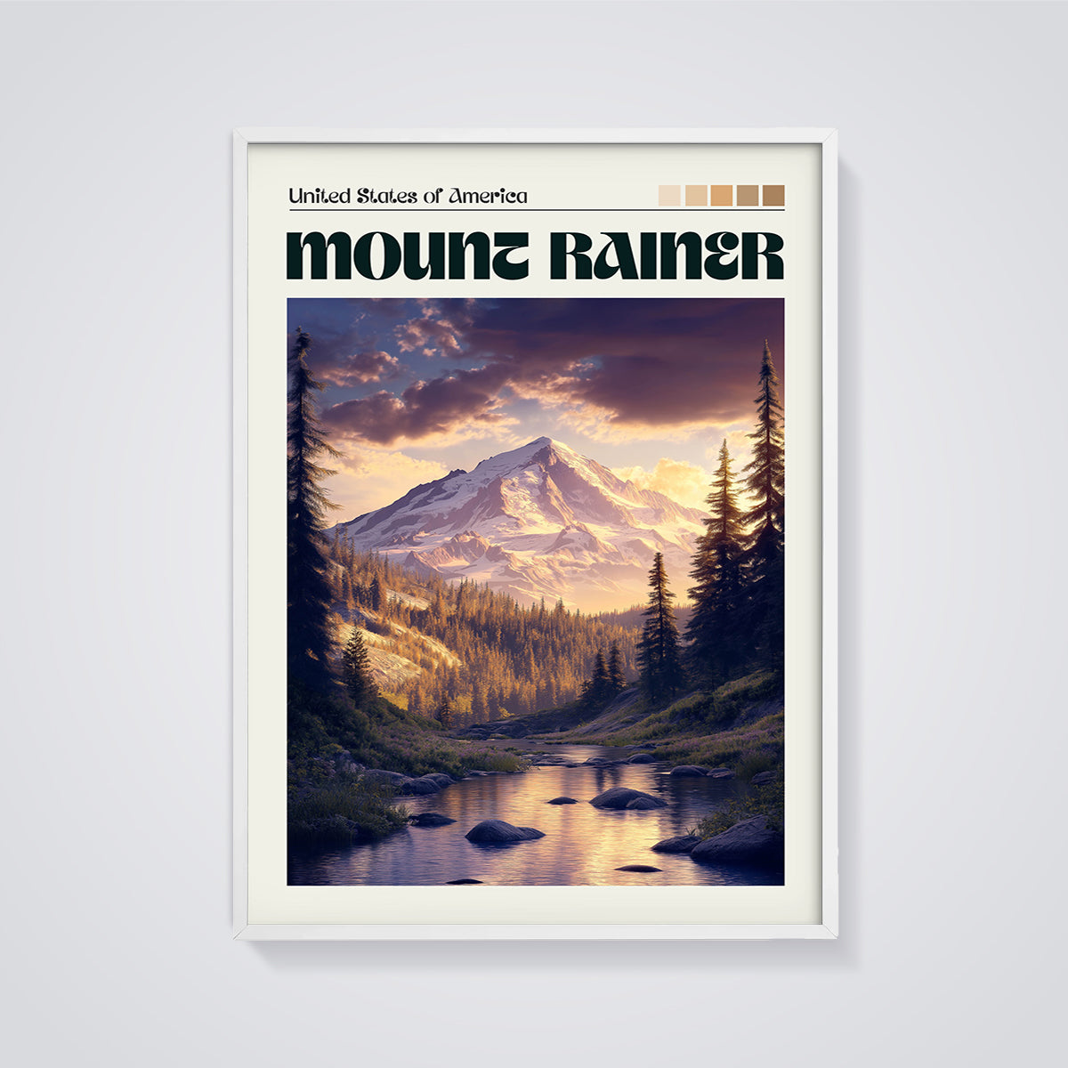 Mount Rainier National Park Print framed in white on a grey background