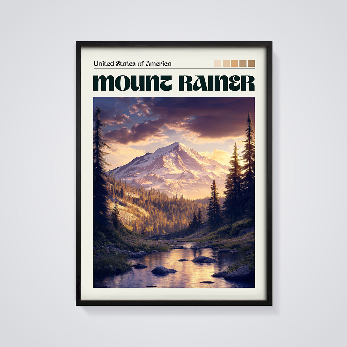 Mount Rainier National Park Print framed in black on a grey background