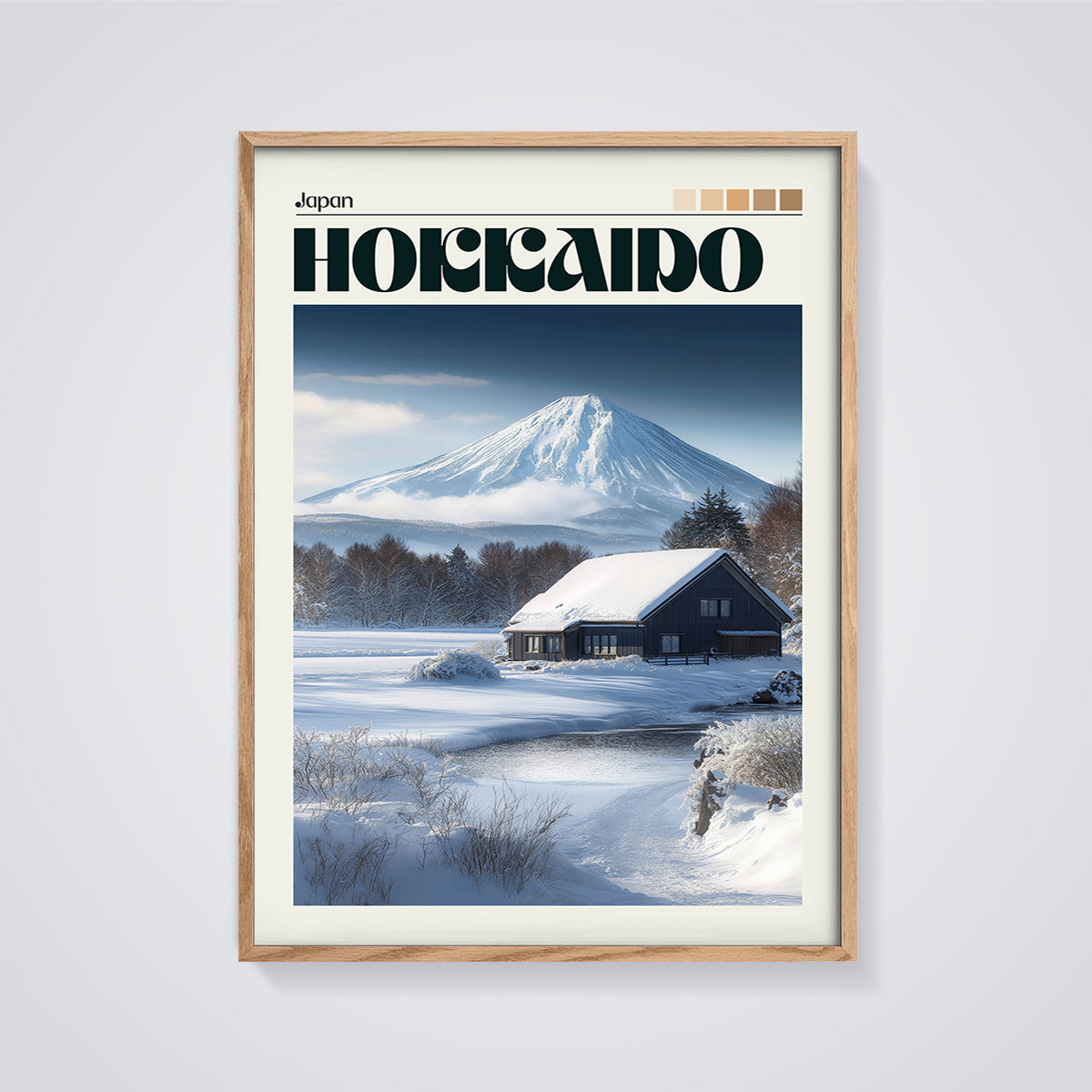 Mount Yotei Hokkaido Winter Print framed in oak on a grey background