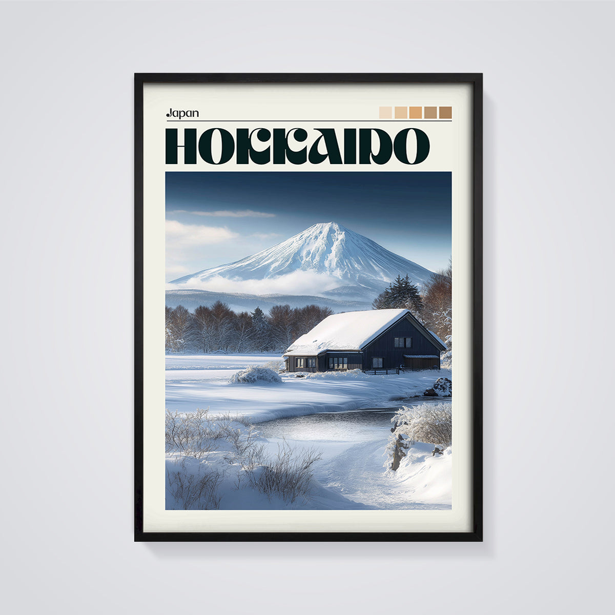 Mount Yotei Hokkaido Winter Print framed in black on a grey background